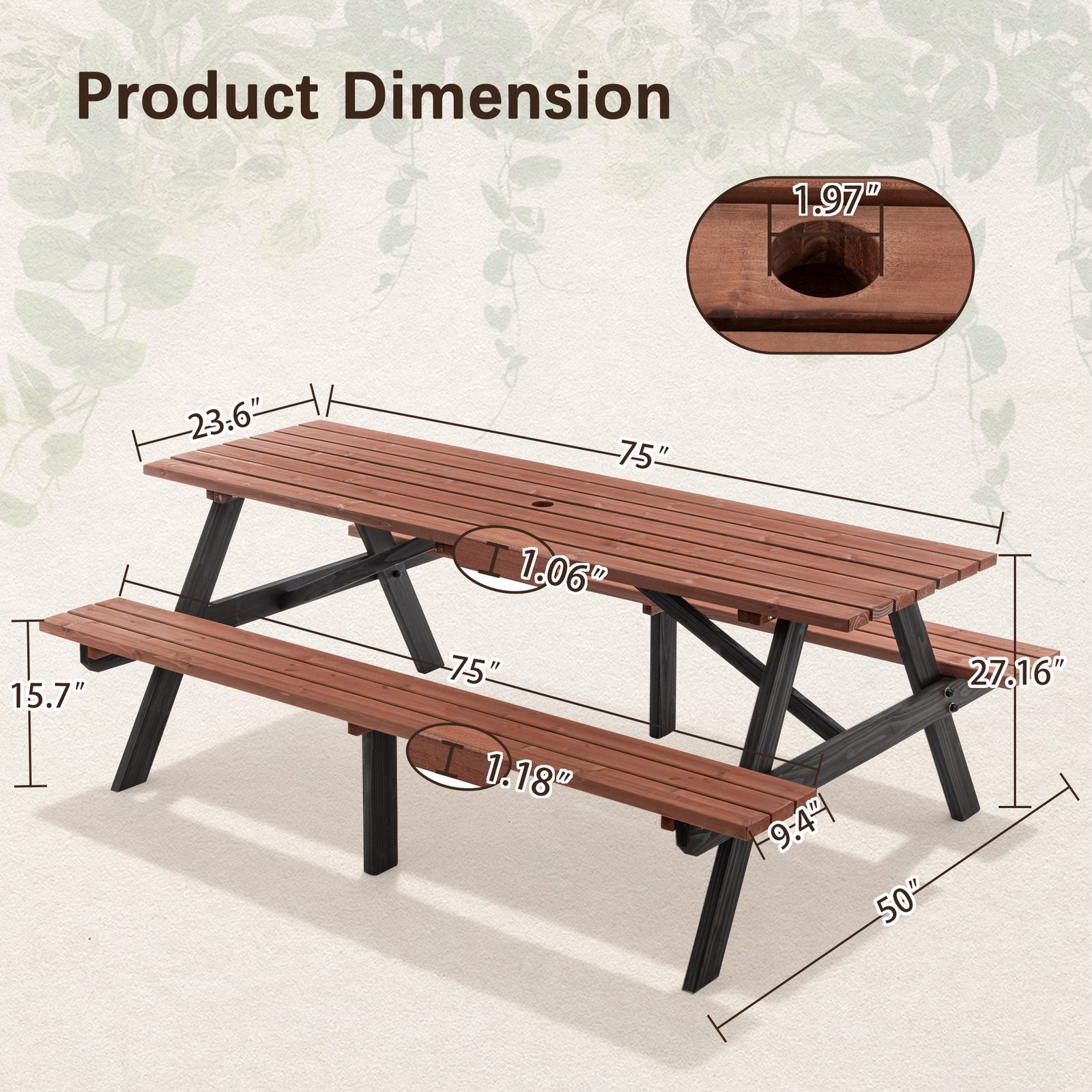 Fir Wood Picnic Table Bench Set 75″ Patio Dining Table Bench Set W/Umbrella Hole