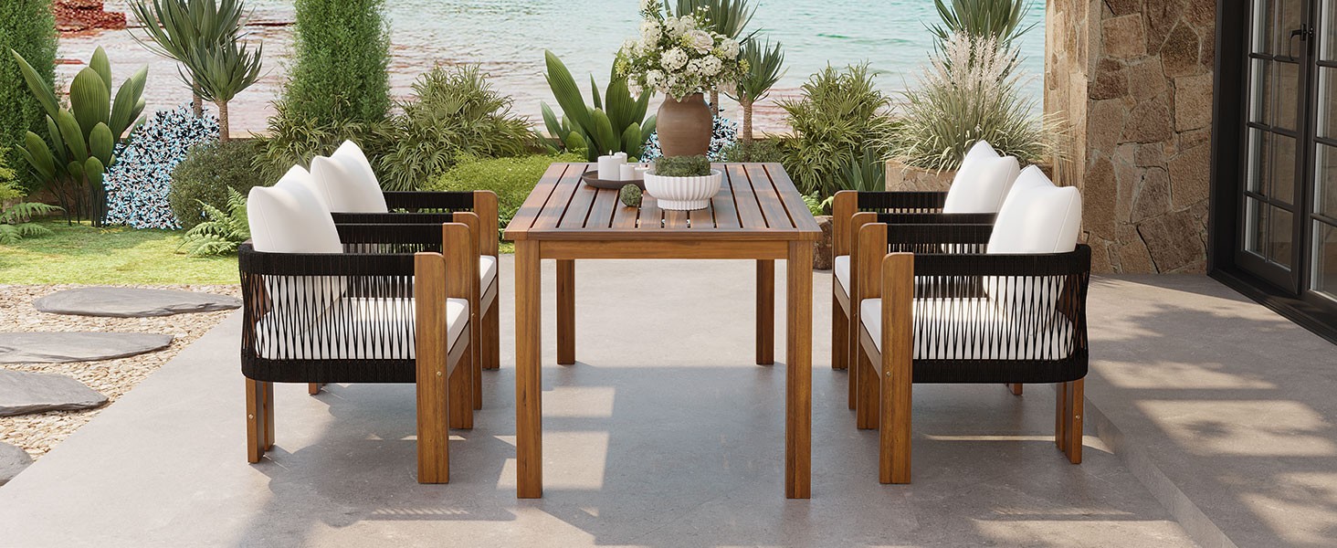 Acacia Wood Outdoor Patio Dining Set for 4 with Rope Woven Chairs & Cushions