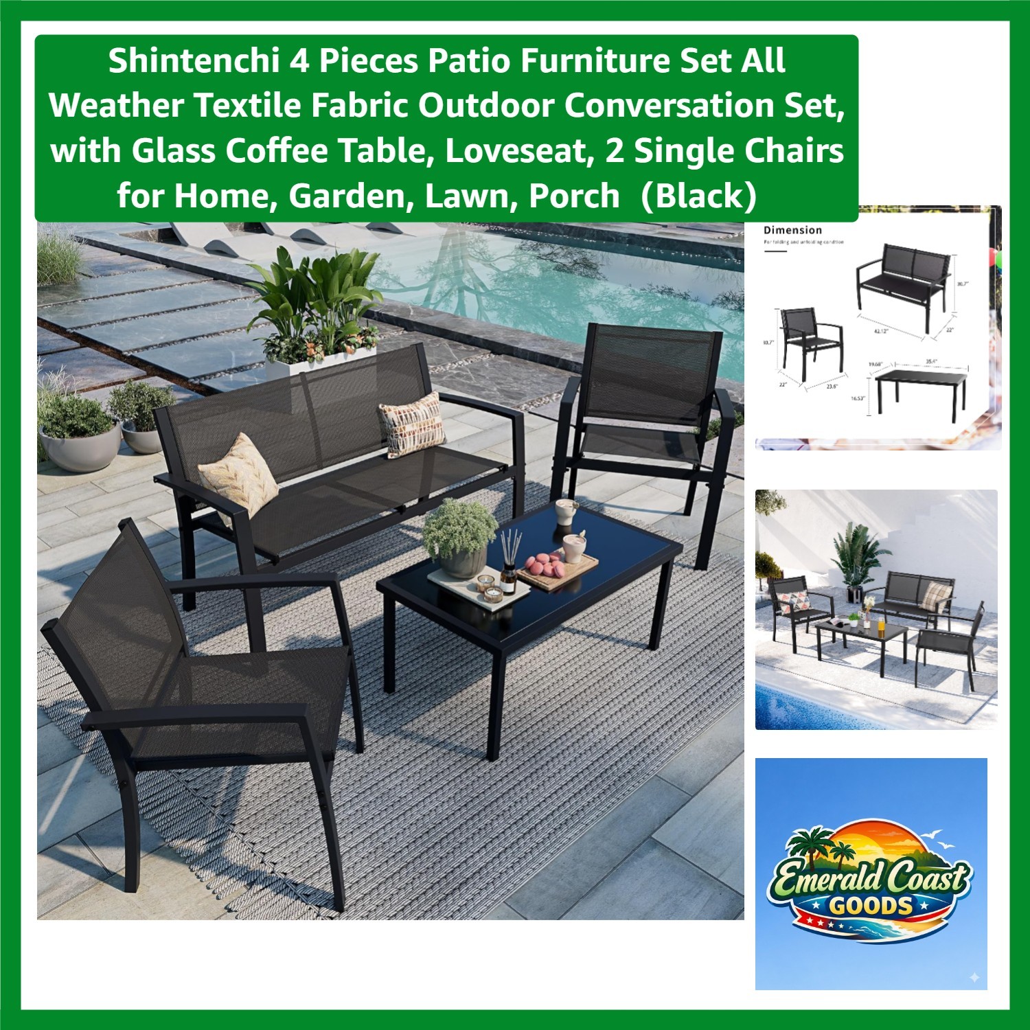 4-Piece Modern Patio Furniture Set: Loveseat & Chairs with Glass Table