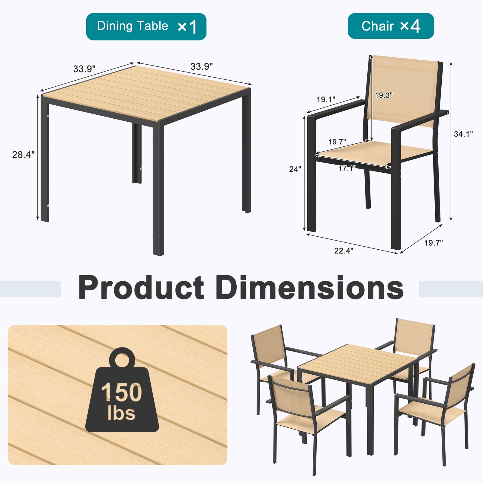 5-Piece Patio Dining Table 4 Chairs Set Outdoor Metal Furniture Textilene Brown