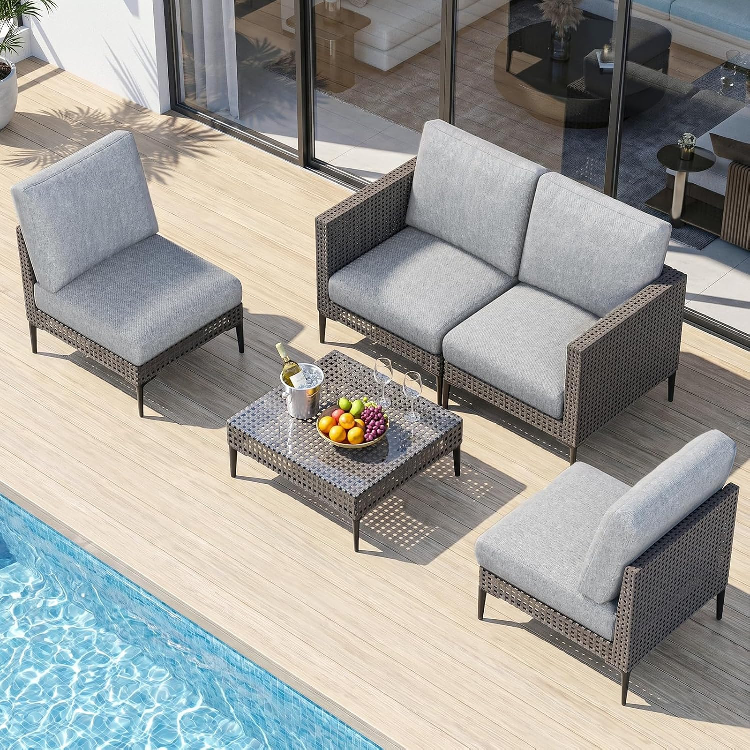 Outdoor Patio Sofa Conversation Set–Rattan 4 Seats Comfortable Couch for Garden,