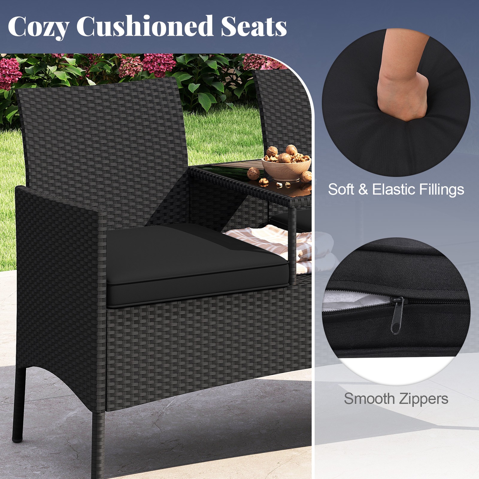 Patio Loveseat with Built-in Table Cushions & Tempered Glass Tabletop