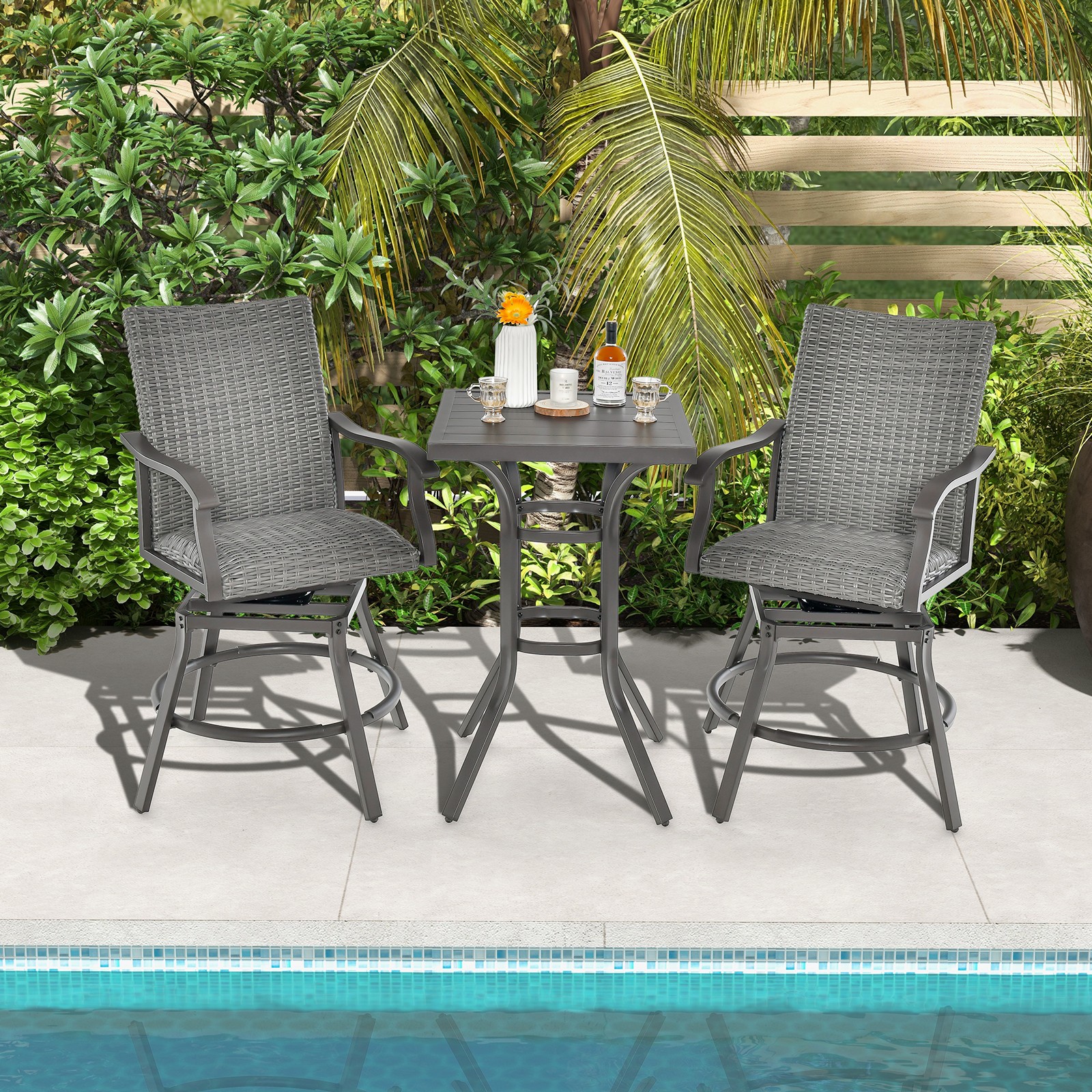 3PCS Patio Rattan Bar Table Stools Set Aluminum 360° Swivel Chairs W/Padded Seat