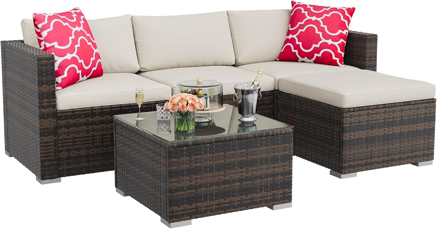 5 Piece Outdoor Deck Furniture Wicker Sectional Sofa Set w/ Cushion Patio Rattan