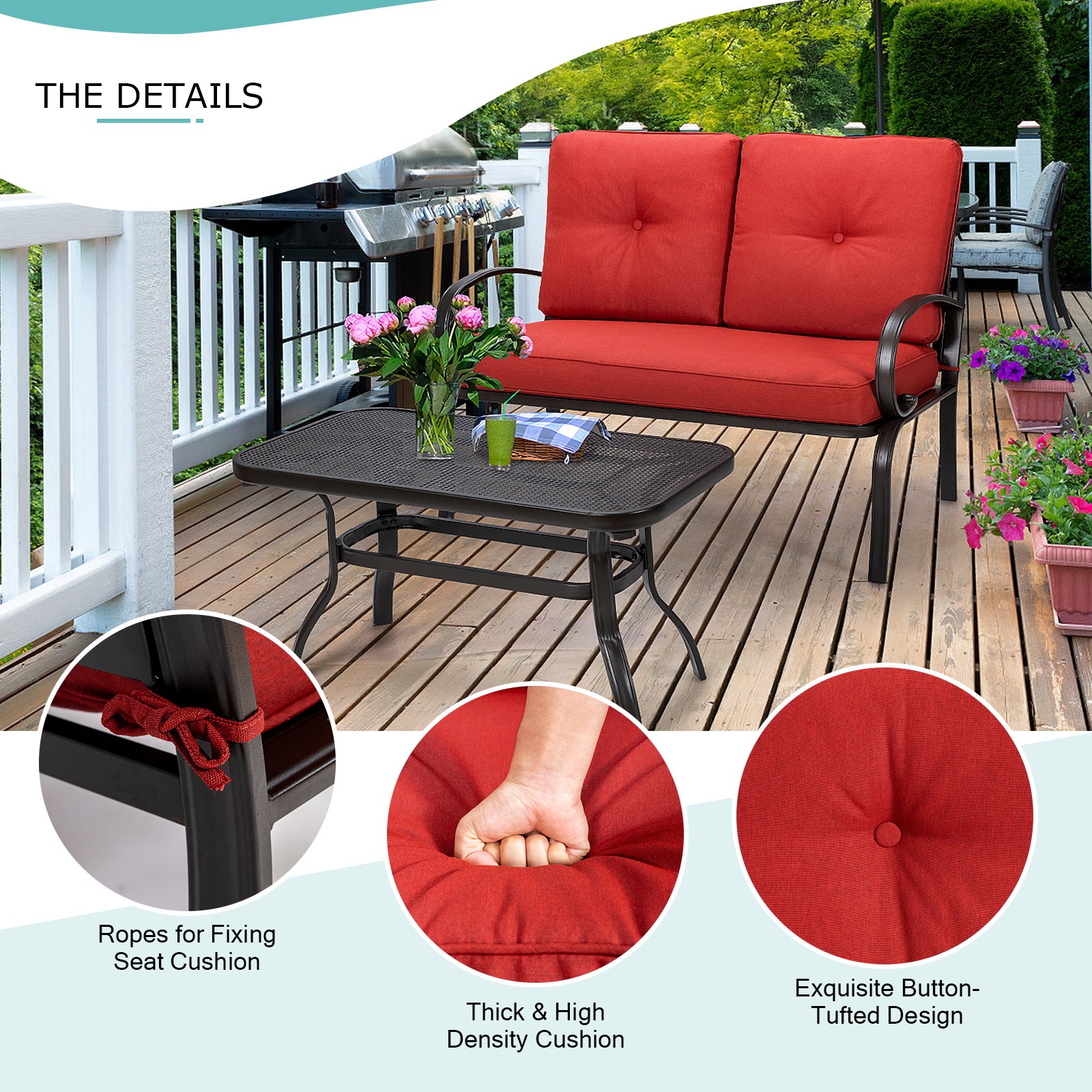 Patiojoy 2 PCS Patio Love Seat Coffee Table Set Bench W/ Cushions Red