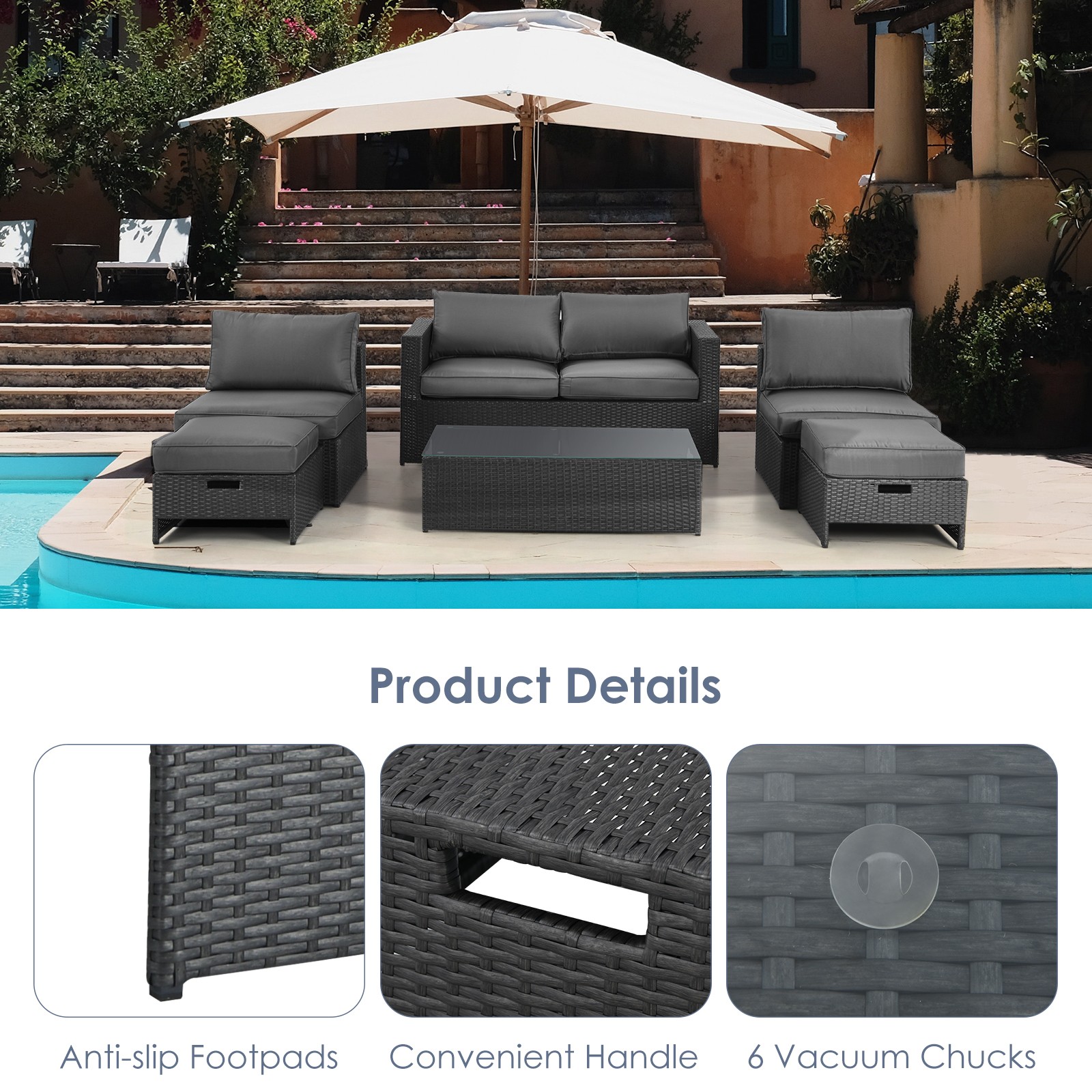 Patiojoy Patio Rattan Furniture Set 6PCS Space Saving Cushioned No Assembly