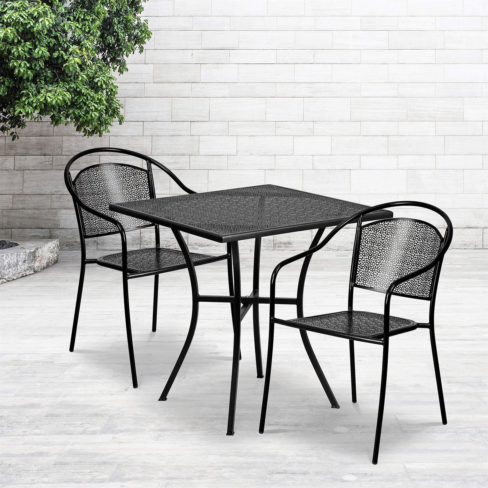 Flash Furniture 3 Piece 28″ Square Steel Flower Print Patio Dining Set in Black