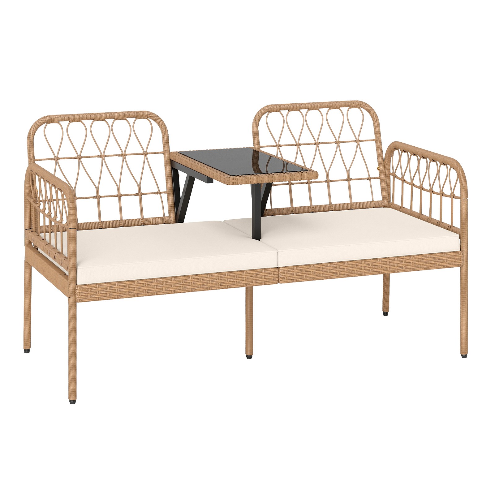 PE Rattan Outdoor Loveseat w/Built-in Coffee Table & Soft Cushions for Lawn