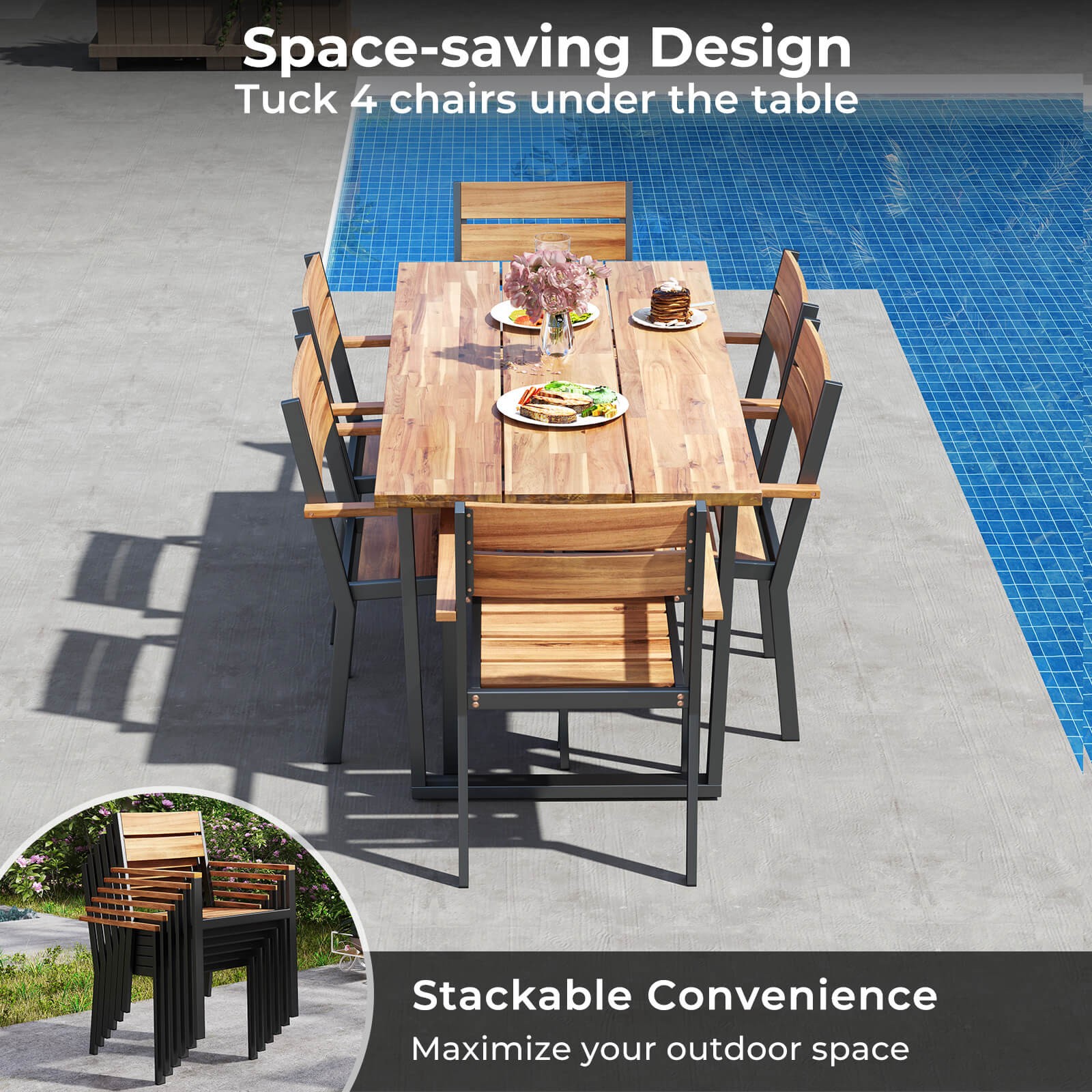 7 PCS Acacia Wood Patio Dining Set 6 Armchairs and 69” Table w/2” Umbrella Hole
