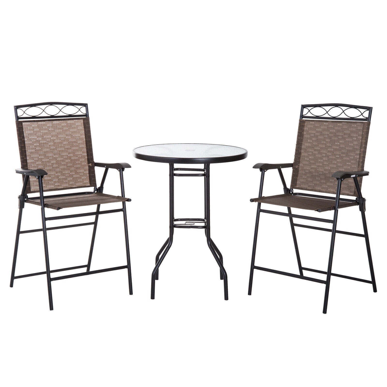 4 Pcs Outdoor Bar Set Patio Dining Set with Folding Chairs & Umbrella Brown