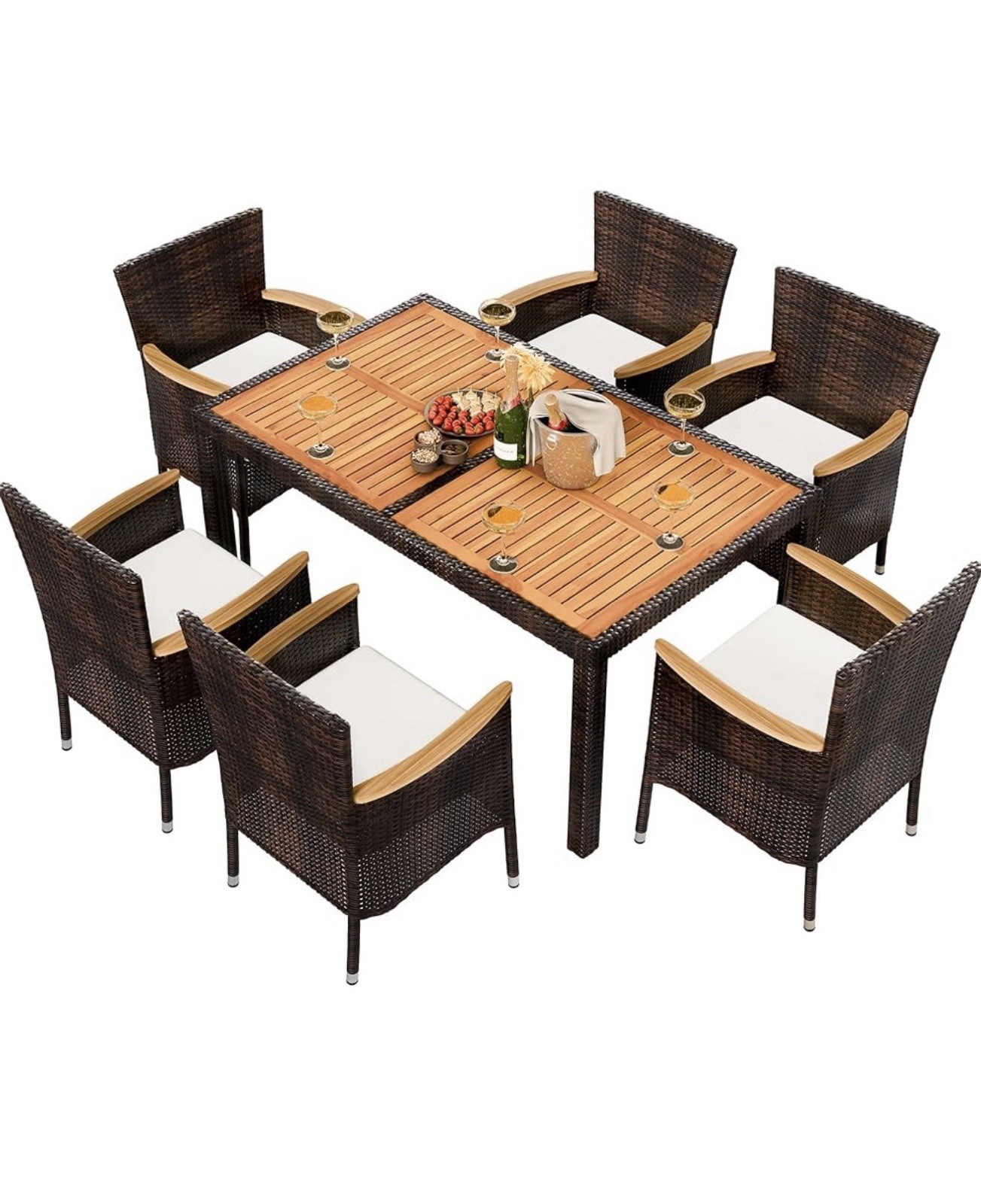 7 Piece Patio Dinning Set With Wooden Table Top