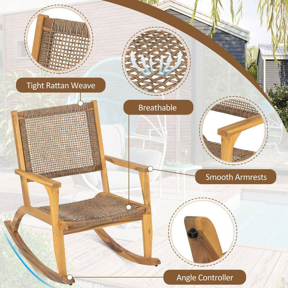 2-Piece Natural Acacia Wood Outdoor Rocking Chair Set with Wicker Rattan Seat an