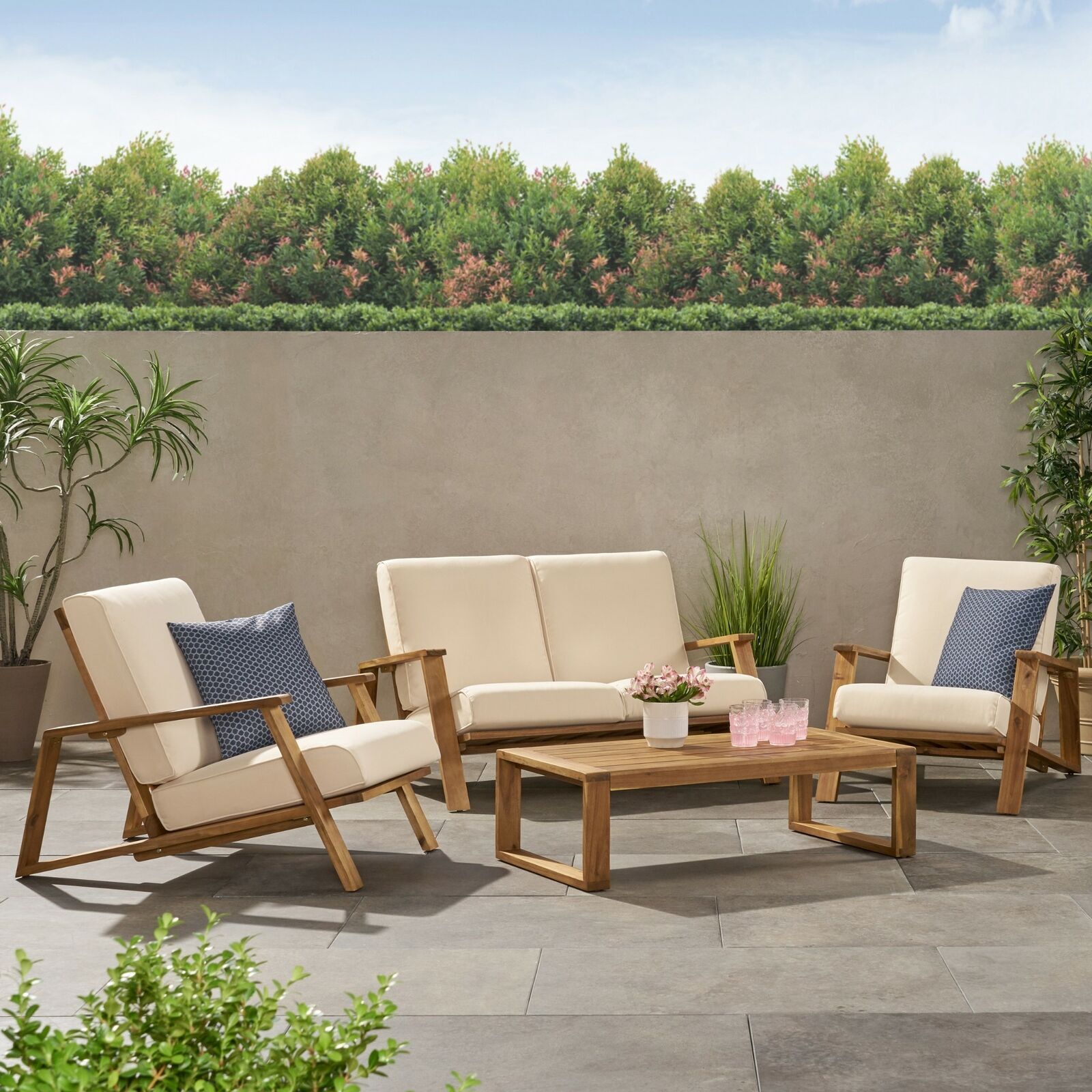 Youssef Outdoor Acacia Wood 4 Seater Chat Set with Cushions