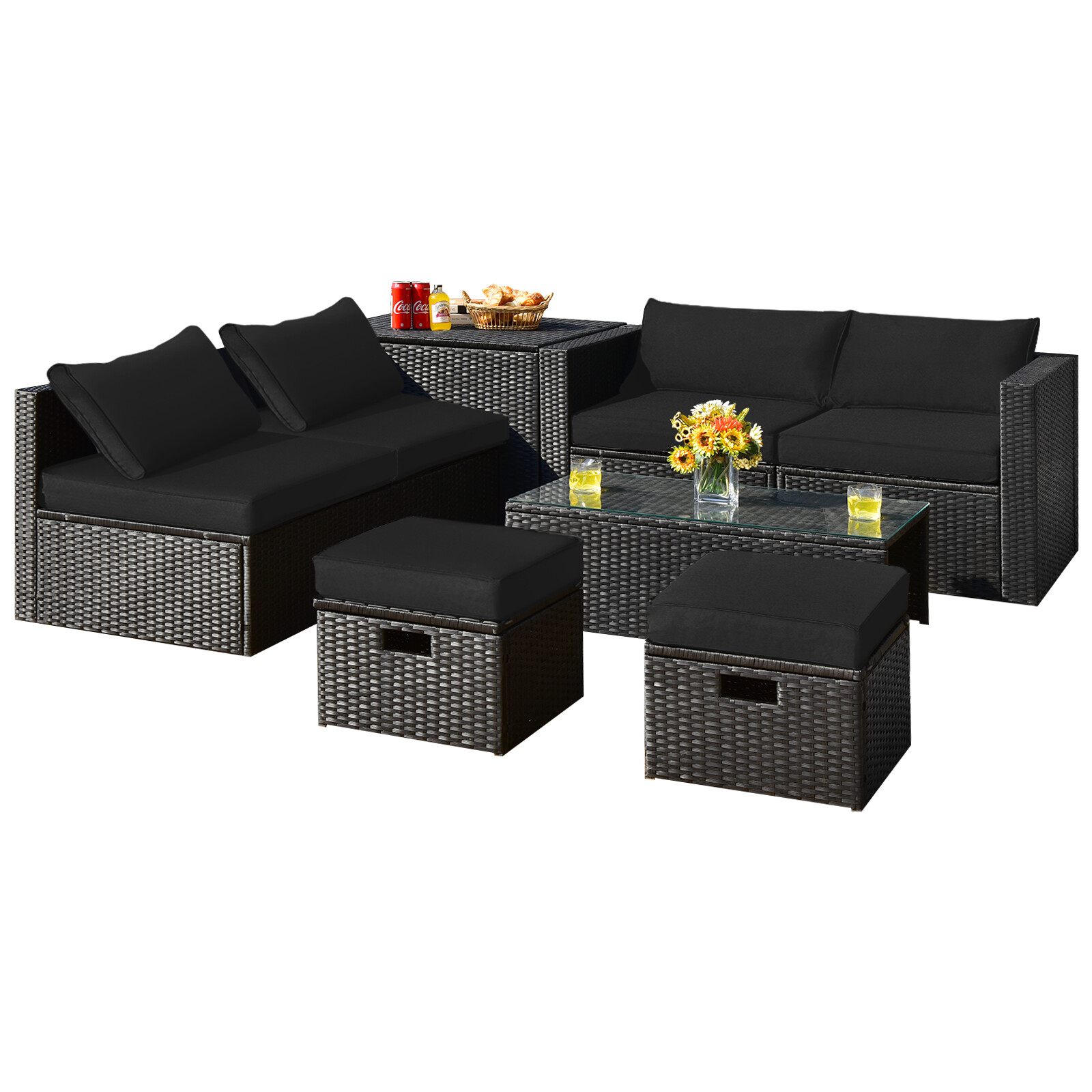 Costway 8PCS Patio Rattan Furniture Set Storage Table Ottoman Black