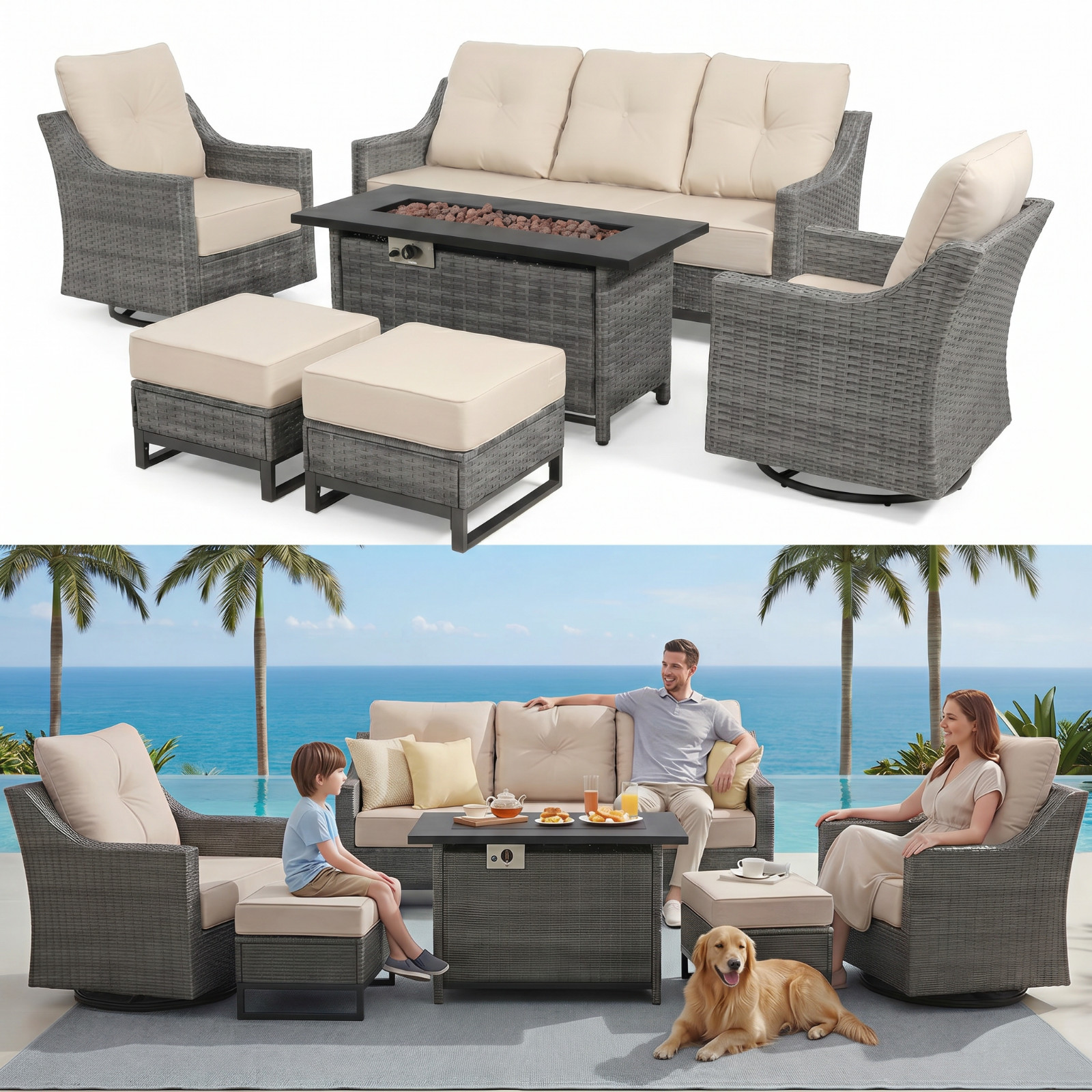 patio furniture set w/ fire table Sofa Chairs ottoman & Side Table CSA cushions