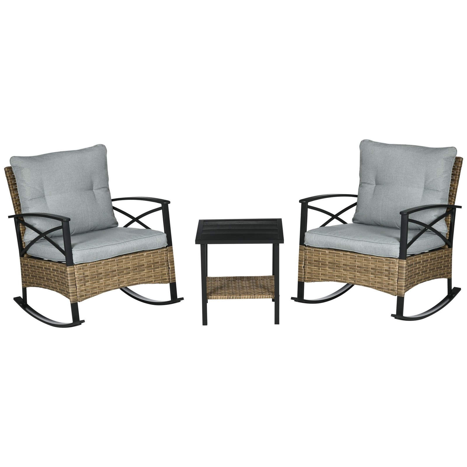 3PC Wicker Patio Rocking Set Outdoor Bistro Furniture with Cushions Light Grey