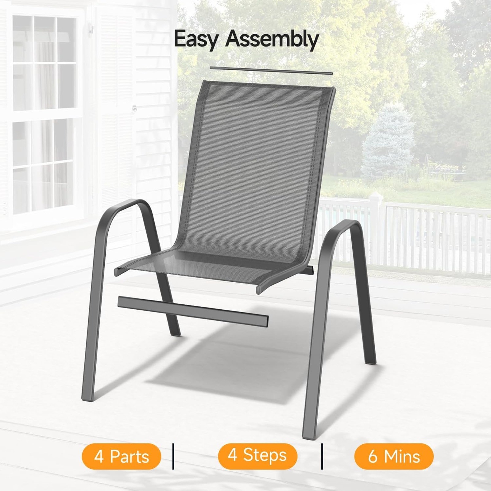 Heavy metal outdoor stack chairs, comfy wide seats for backyard patio use