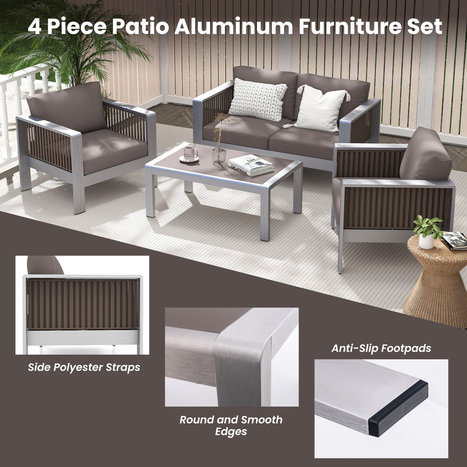4 Piece Aluminum Patio Furniture Set w/ Thick Cushions & Tempered Glass Tabletop