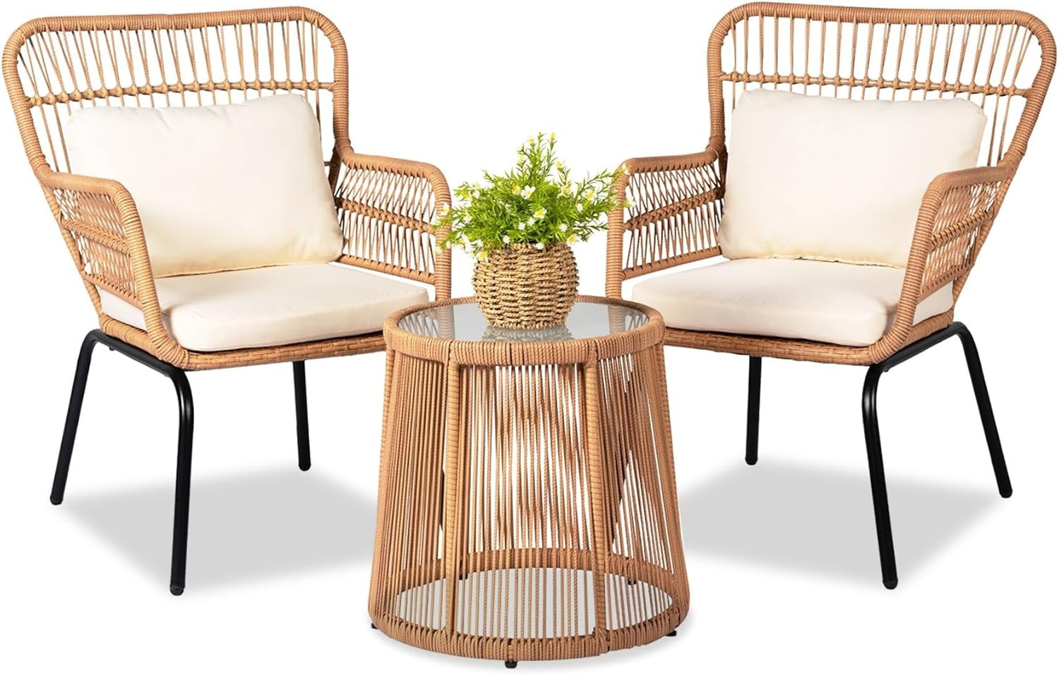3 Piece Outdoor Wicker Furniture Bistro Set, Rattan Chairs Conversation Sets Wic