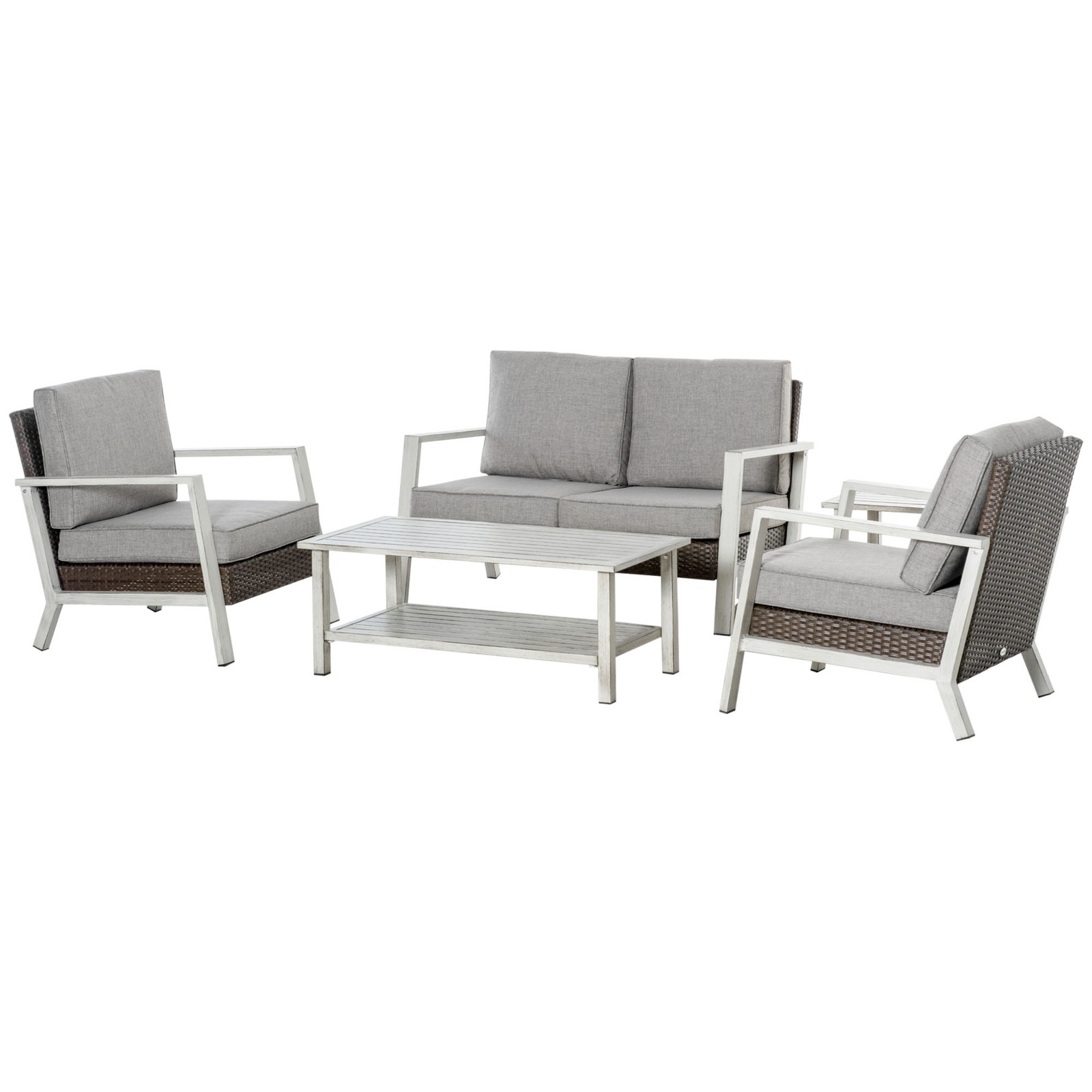 5pc Outdoor Wicker Patio Furniture Set, Table, 4 Seats, Soft Cushions, Grey