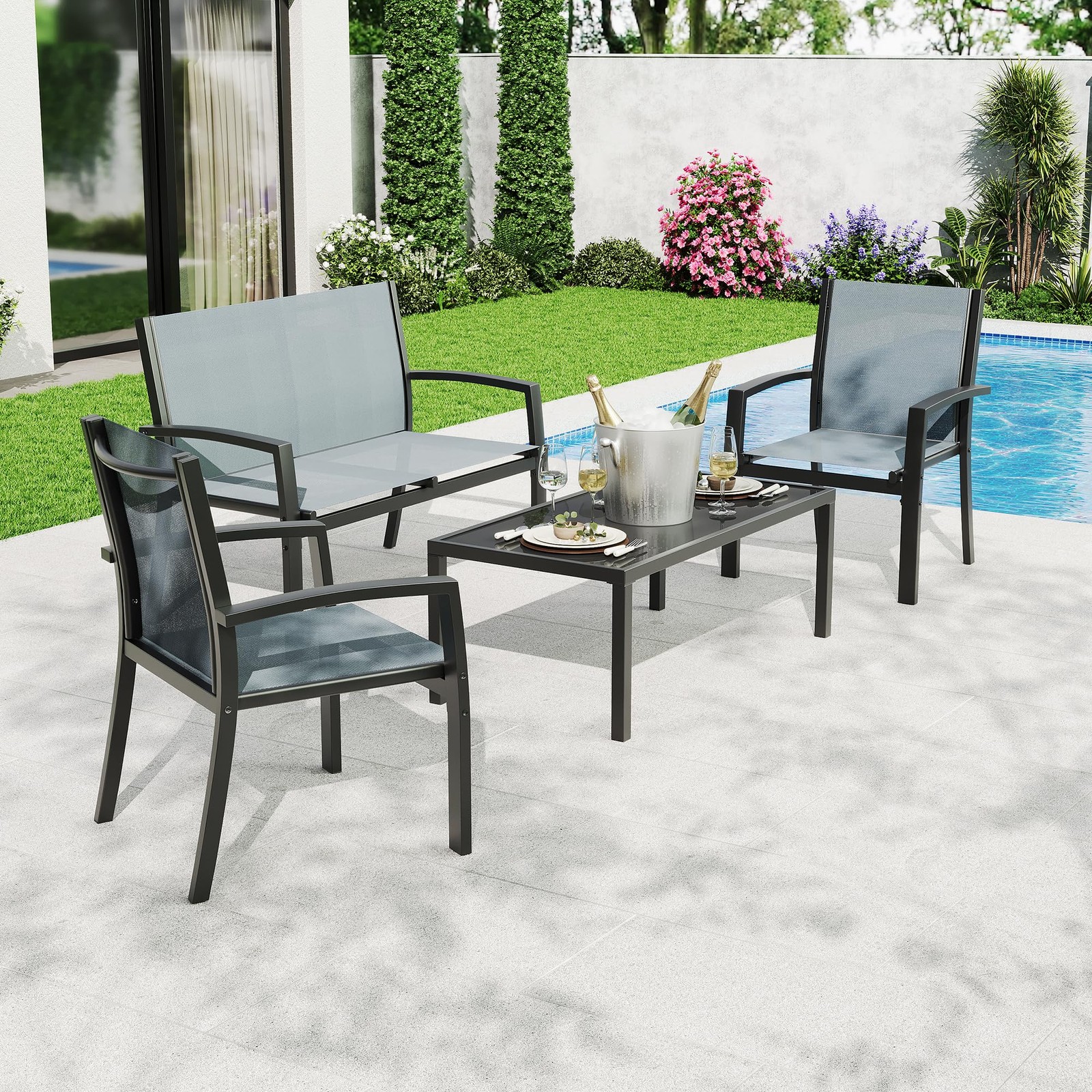 4PCS Modern Outdoor Patio Furniture Set Loveseat, 2 Single Chairs & Coffee Table