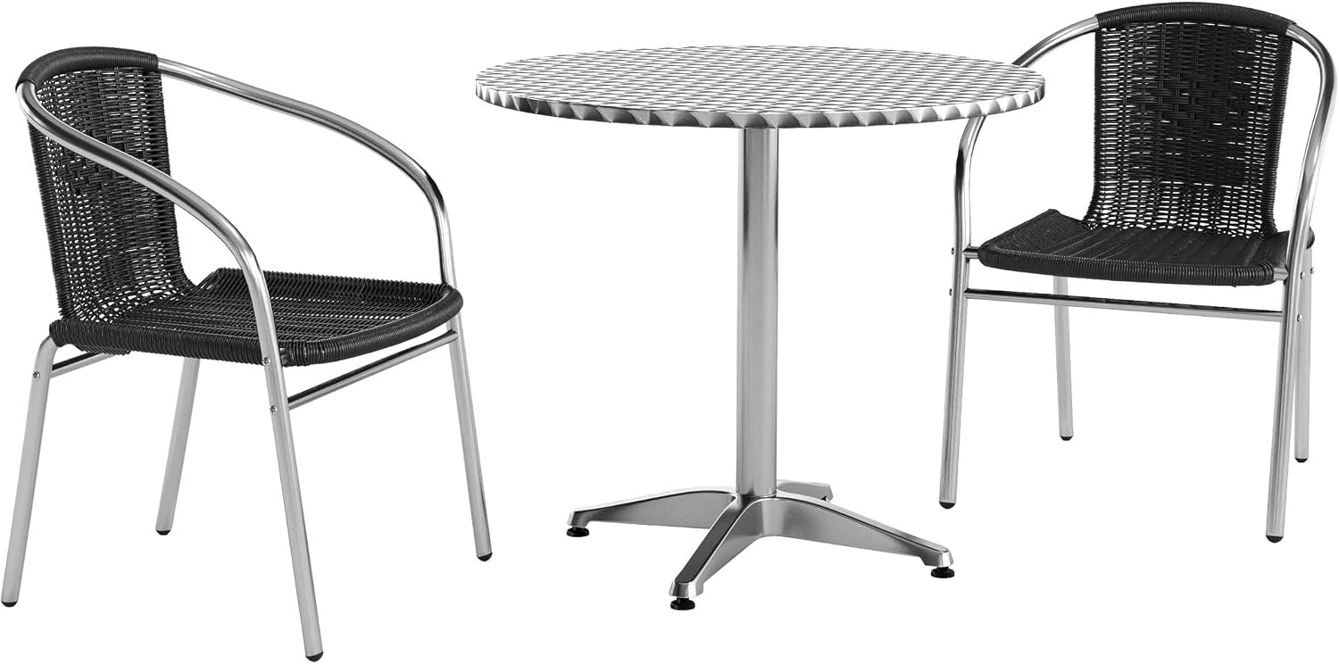 Lila 31.5” Round Aluminum Indoor-Outdoor Table Set with 2 Black Rattan Chairs