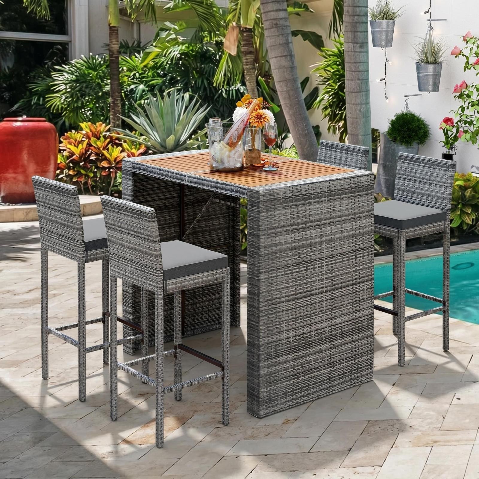 5-Piece Outdoor Patio Wicker Bar Set with Cushions, Acacia Wood Table Top