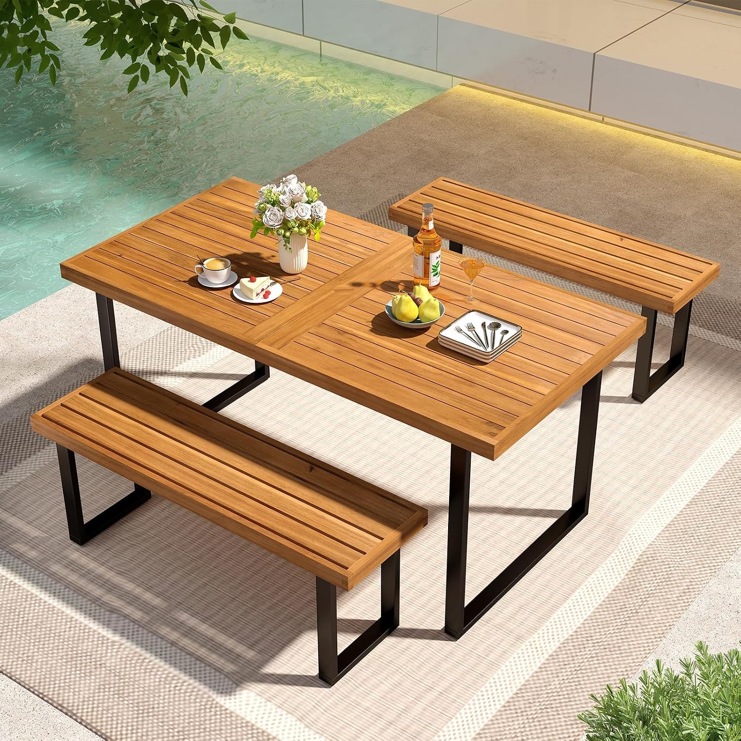 3 Pieces Patio Dining Table Set 63” Rectangle Acacia Wood Table W/ Umbrella Hole