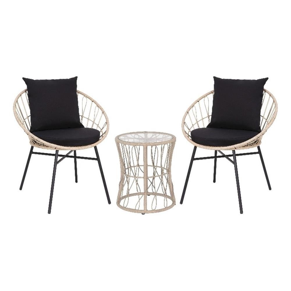 Pemberly Row Rattan Rope Bistro Set with Glass Top Table in Tan/Black