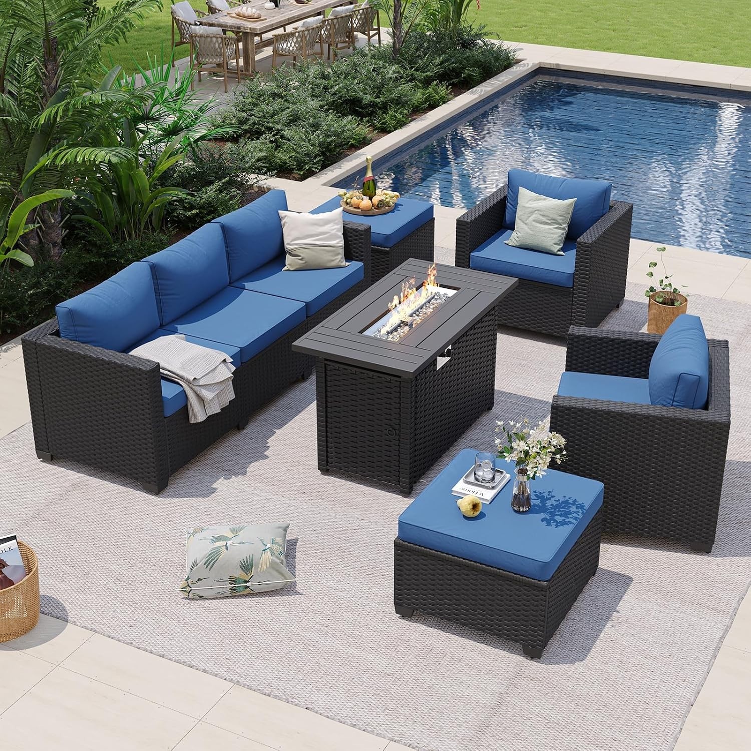 Patio Furniture Set 6 Pcs Outdoor Rattan Sectional Sofa Ottomans Cushion Wate…