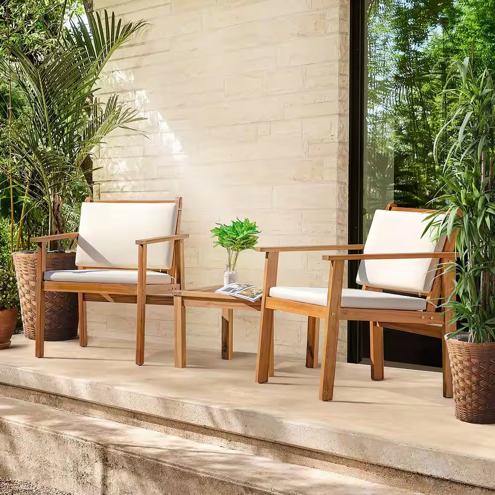 Chillrest 3-Piece Acacia Wood Patio Conversation Set with Cream Cushion