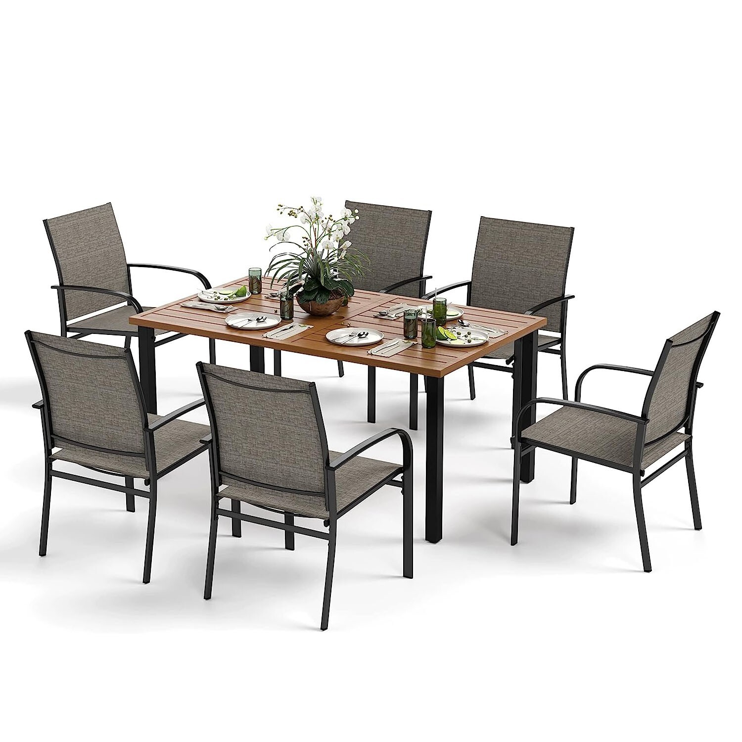 7-PCS Outdoor Patio Dining Set Wood-like Table with Umbrella Hole 6 Chairs Brown