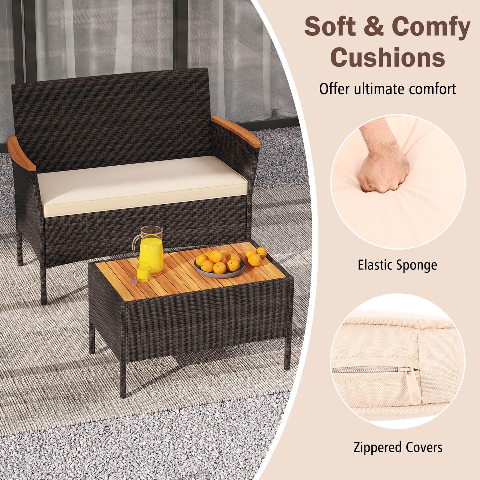 8 PCS Patio Wicker Sofa Set with Coffee Table Acacia Wood Armrests & Tabletop