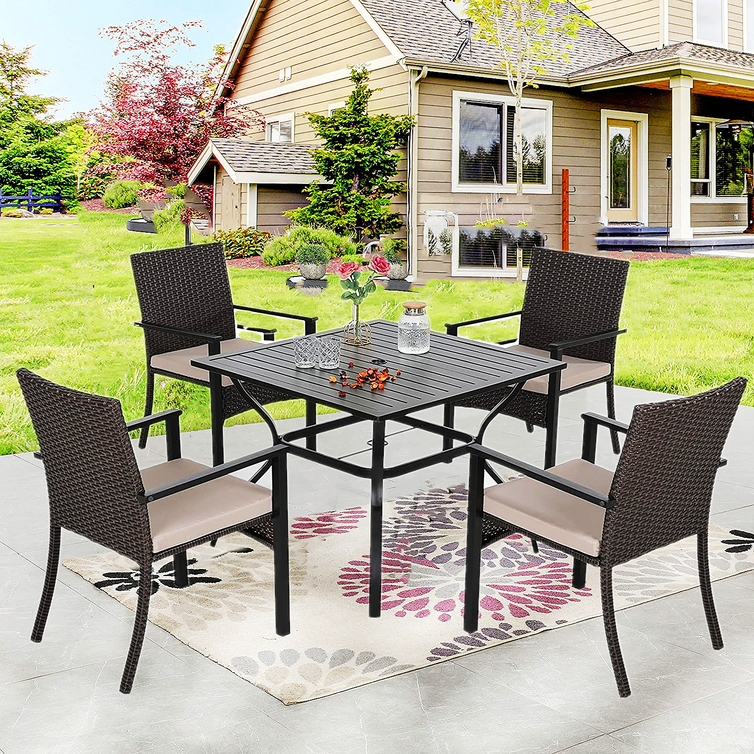 5 Piece Patio Dining Set Rattan Wicker Chairs Outdoor Table with Umbrella Hole