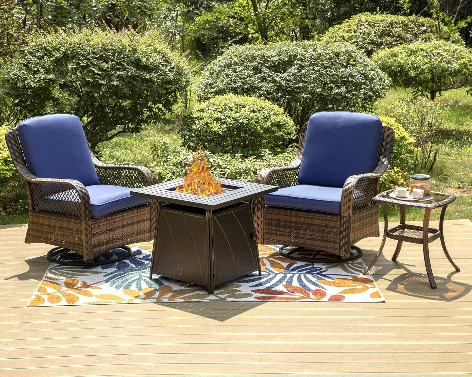 4 Piece Patio Furniture Set Outdoor Swivel Rocker Chairs with Gas Fire Pit Table