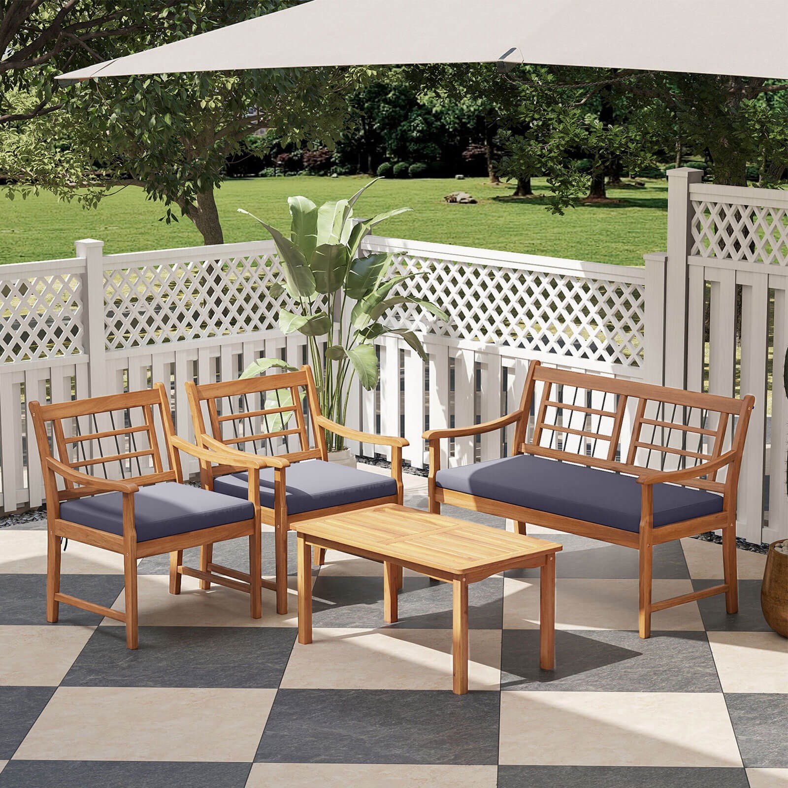 4 PCS Wood Patio Furniture Set w/ Soft Seat Cushions Solid Acacia Wood Frame