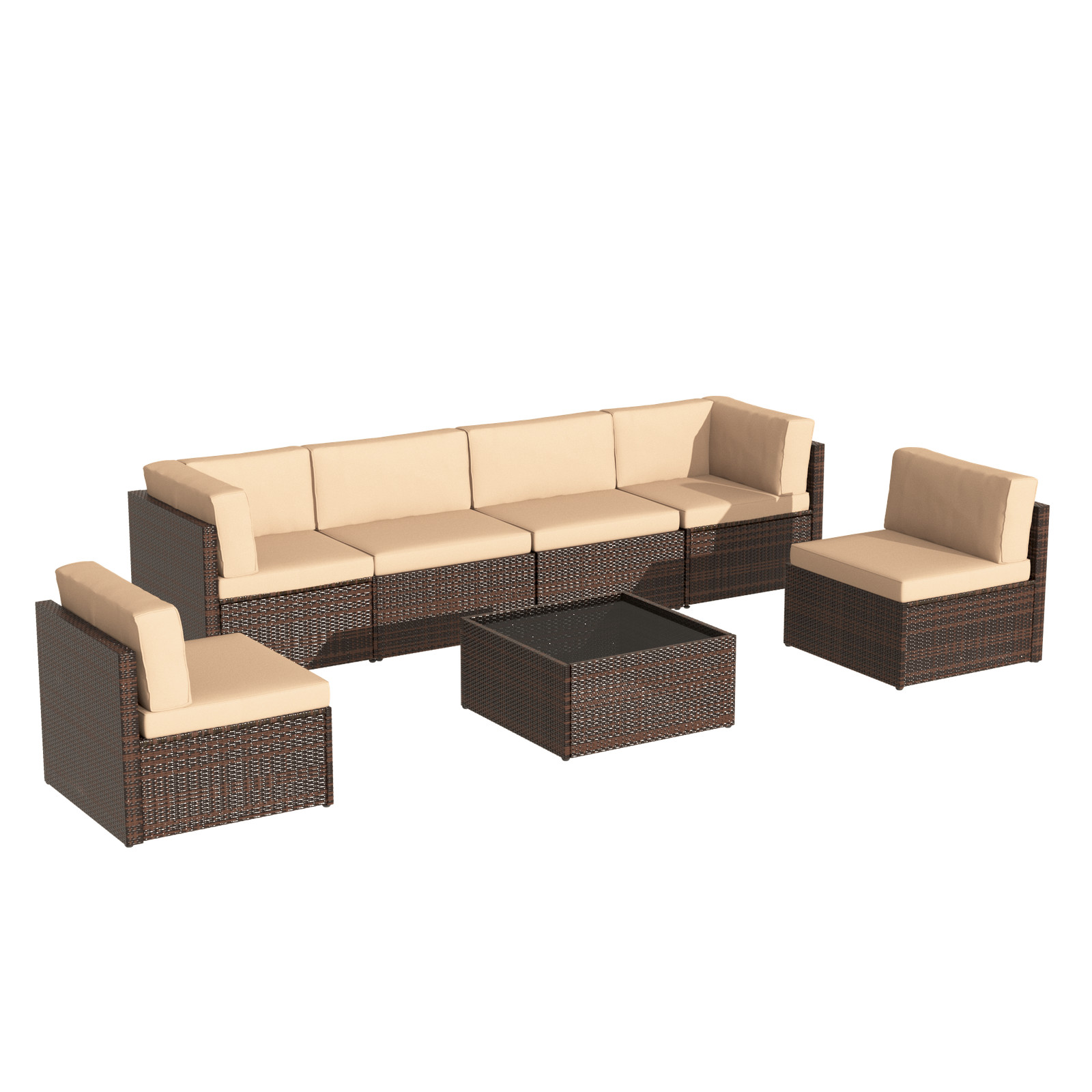7 PCS Outdoor Patio Furniture Set, PE Rattan Wicker Sofa Set w/ Coffee Table