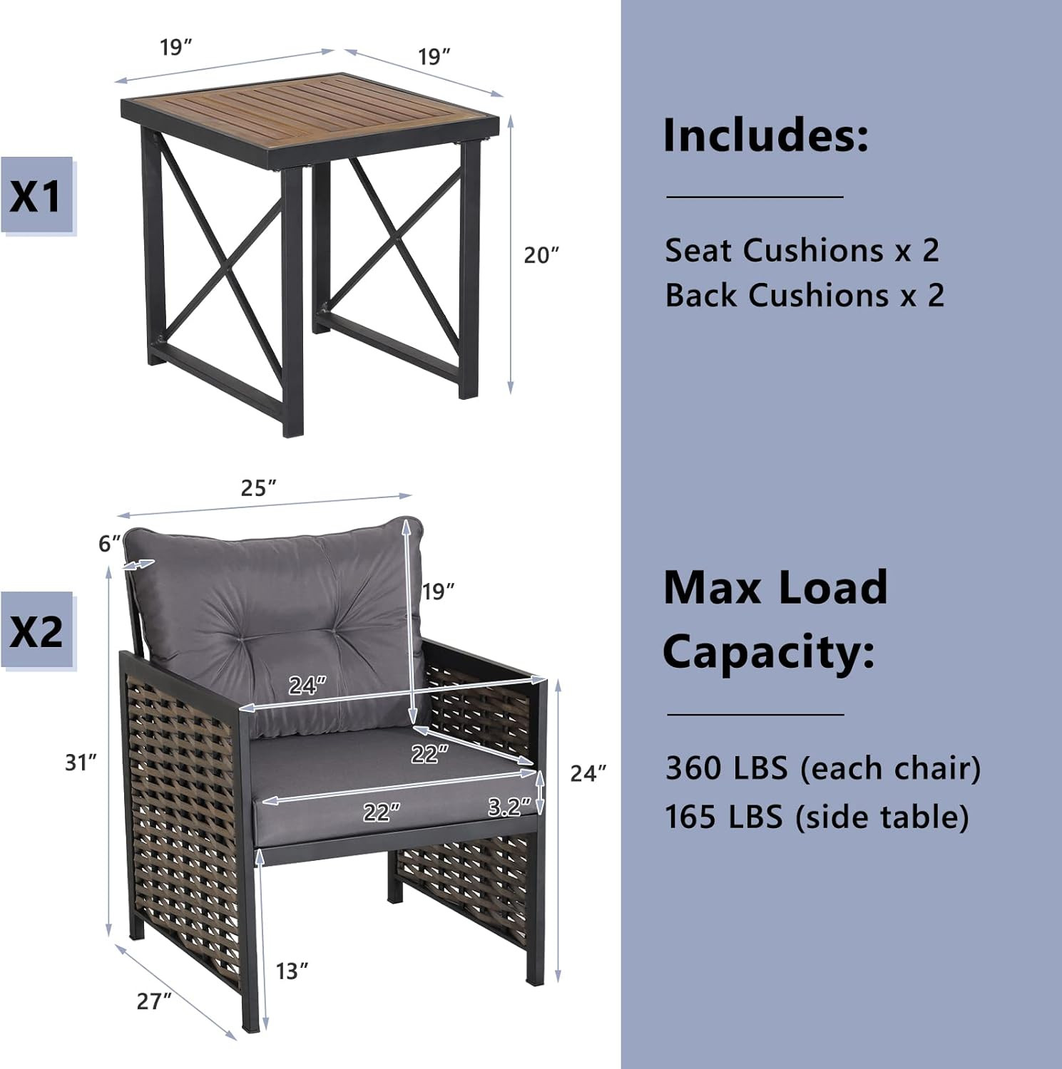 3 Piece Rattan Chair Set, Patio Wicker Chairs and Coffee Table Set, Heavy-Duty M