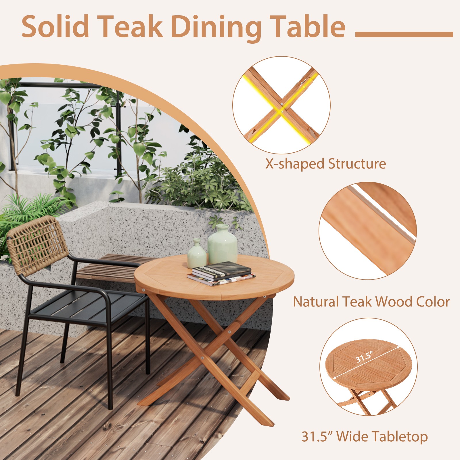 3pcs Patio Indonesia Teak Wood Bistro Dining Set Folding Chair & Table Slatted