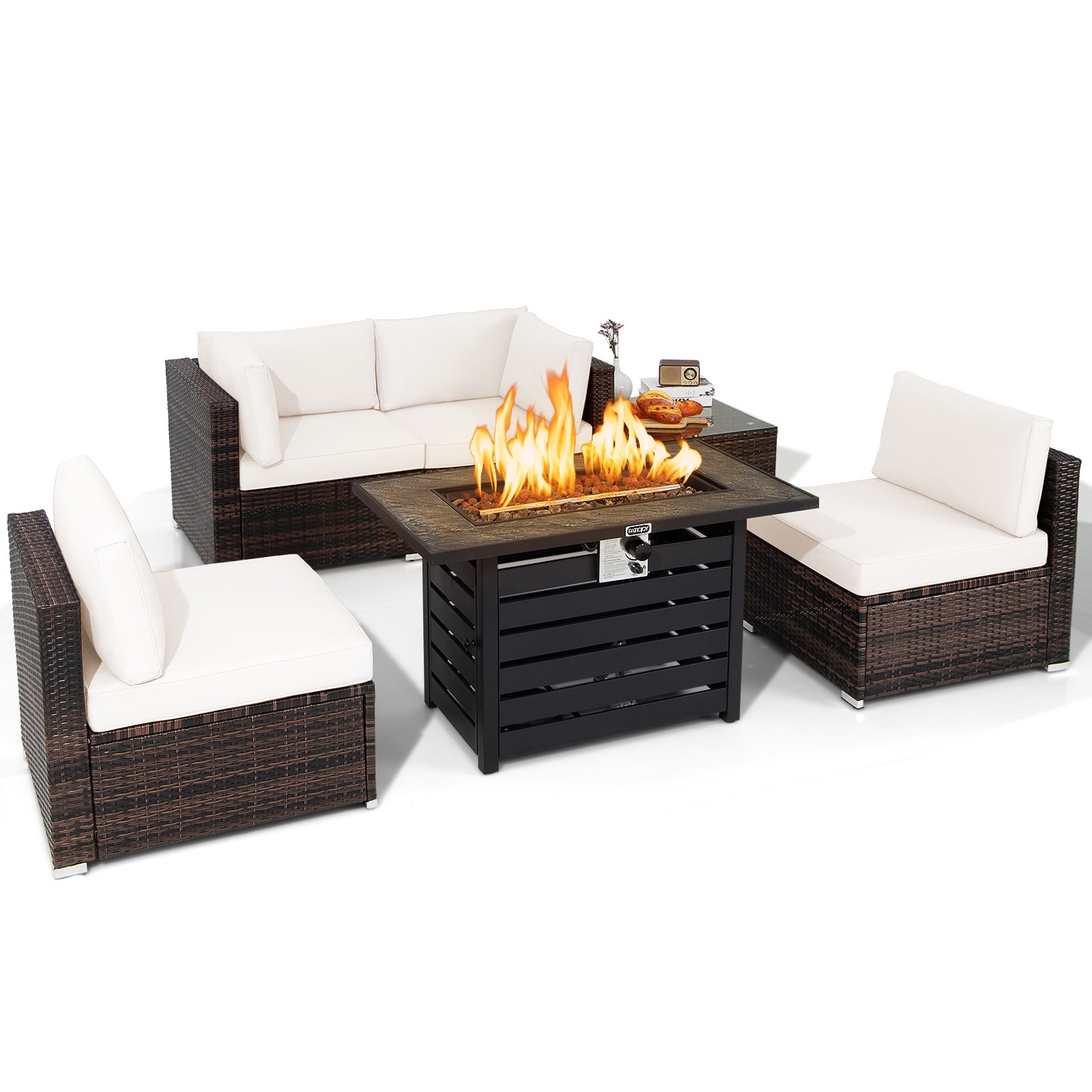 6PCS Patio Rattan Furniture Set 42″ Fire Pit Table Cover Sofa Cushion Off White