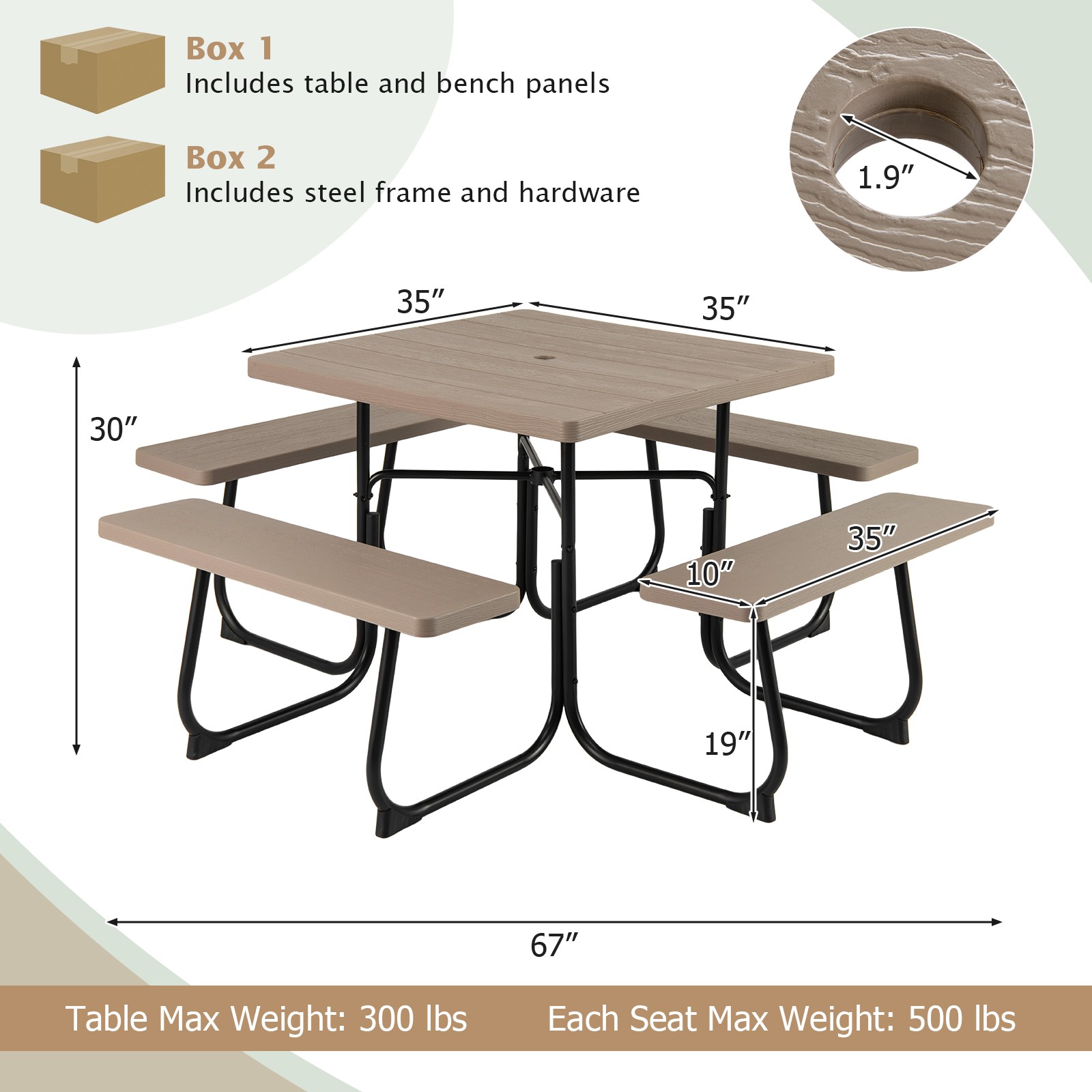 8-person Square Picnic Table Bench Set w/4 Benches & Umbrella Hole for Garden