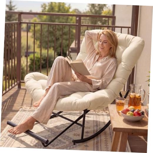VASAGLE Papasan Chair, Outdoor Rocking Chair, Outdoor Furniture, Steel Beige