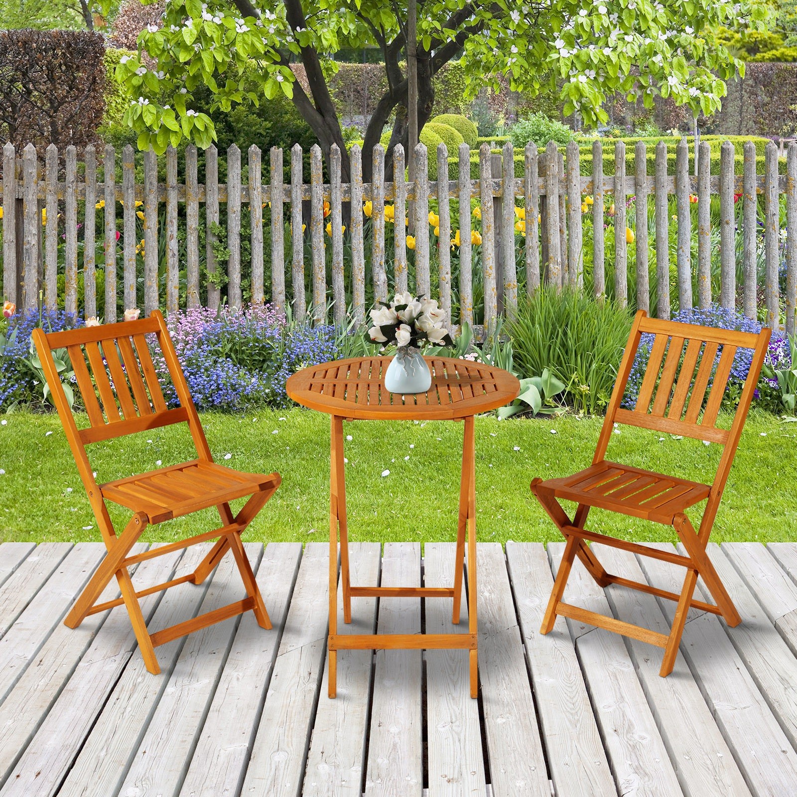 3 Piece Folding Acacia Wood Outdoor Patio Bistro Table and Chair Set