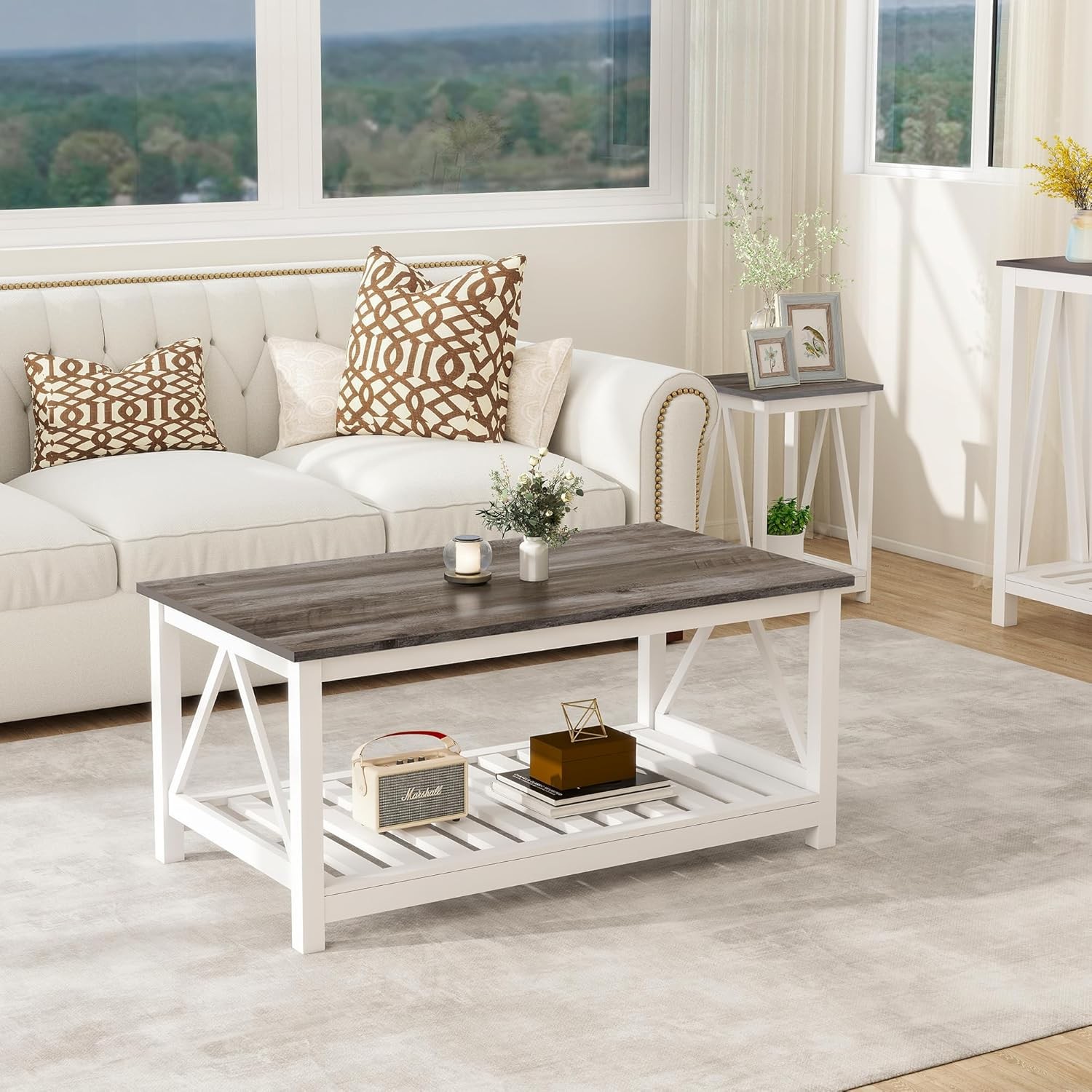 Farmhouse Coffee Table, White Oak Coffee Table for Living Room, 2-Tier