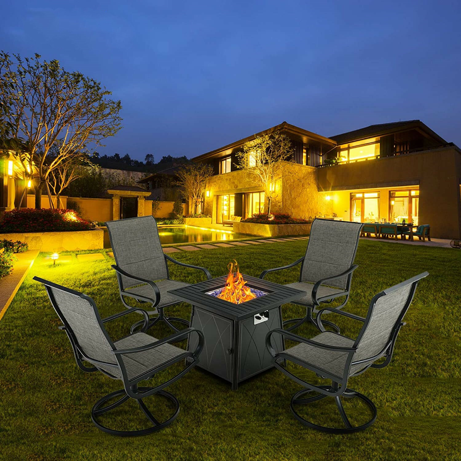 5 PCS Patio Furniture Set Garden Lawn Outdoor Set With Gas Fire Pit Table Heater