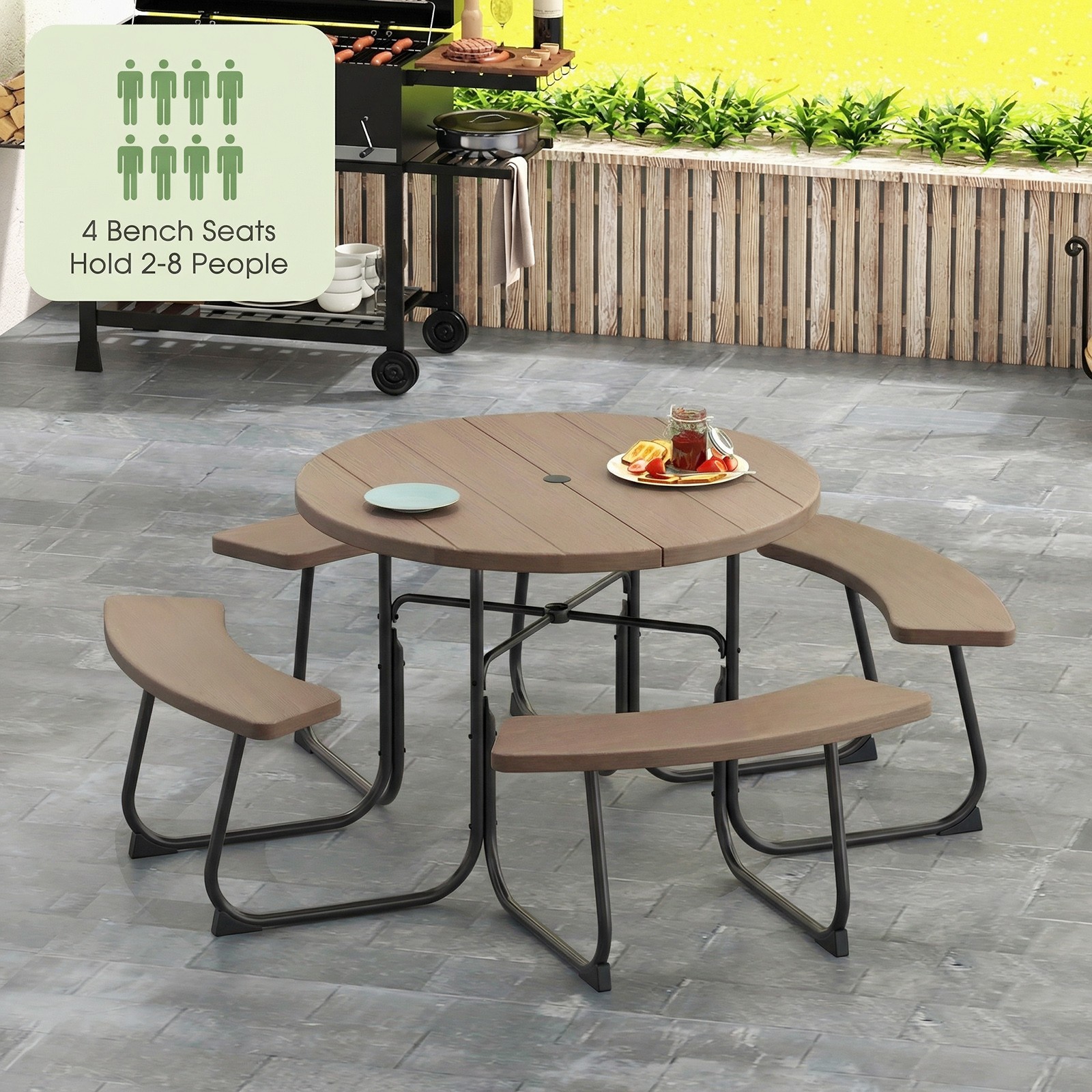 Outdoor 8-person Round Picnic Table Bench Set w/ 4 Benches & Umbrella Hole Black