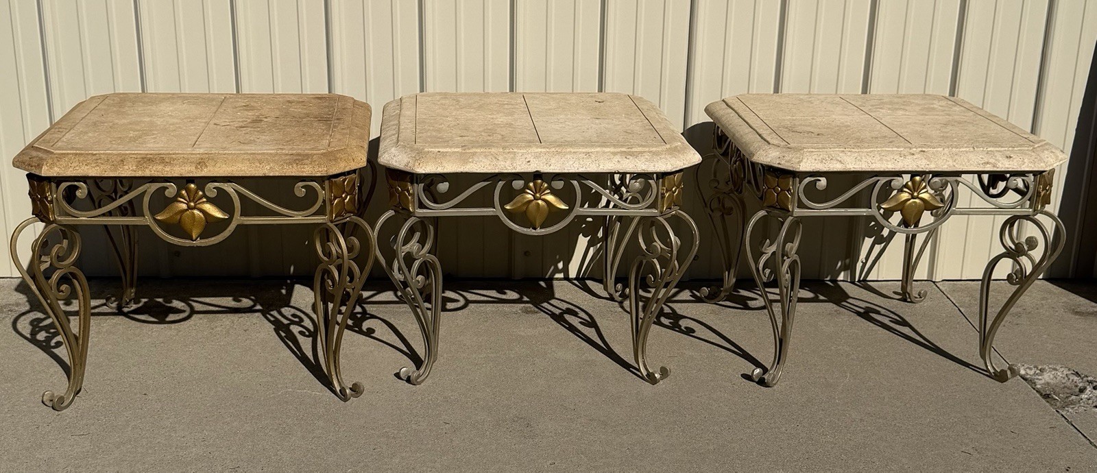 Set of 3 Heavy Stone Top Accent Tables Wrought Iron Base Gold Floral