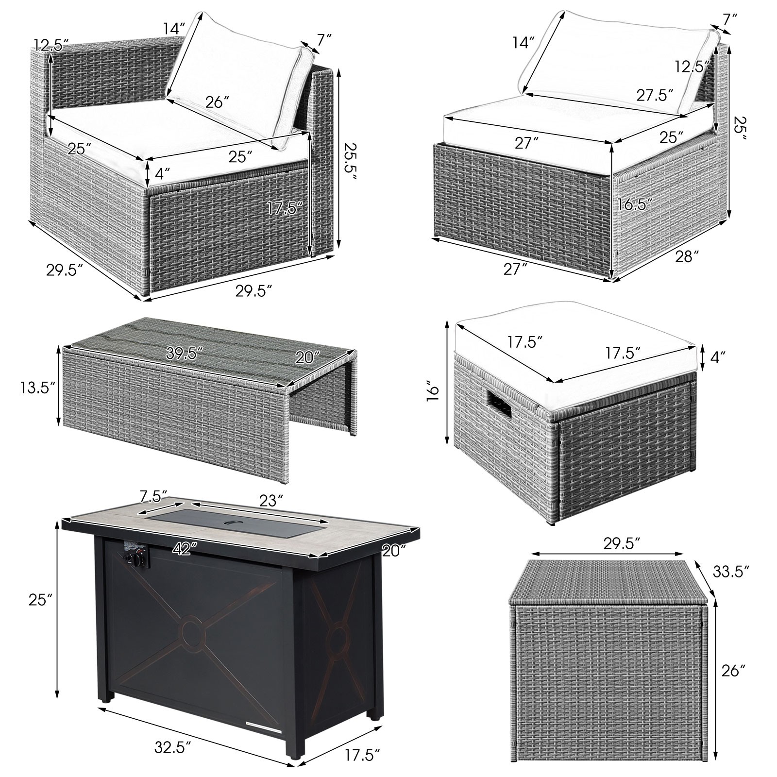 9 PCS Patio Rattan Furniture Set 42″ Fire Pit Table Cover Storage Box Turquoise
