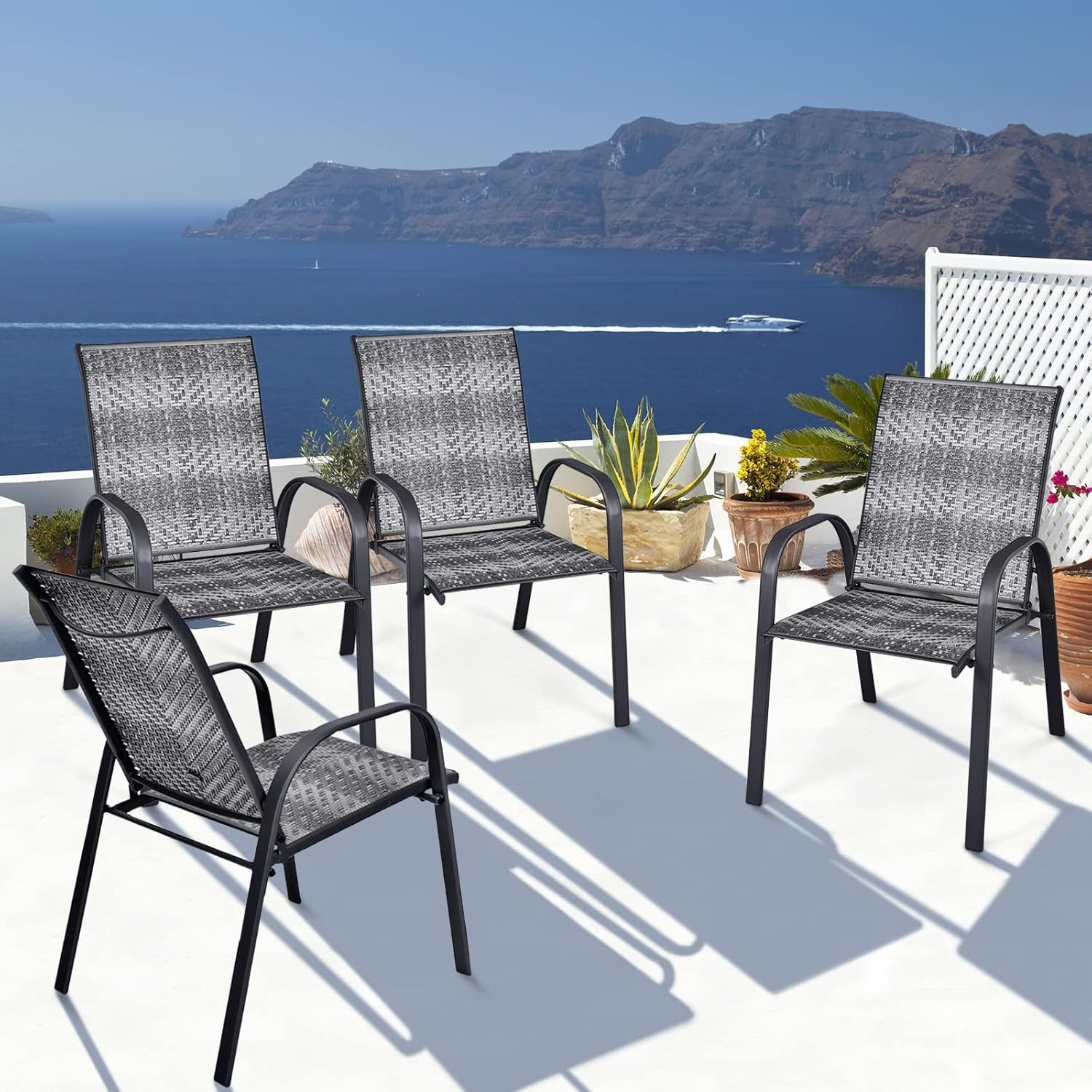 Set of 6 Grey Stackable Outdoor Wicker Chairs with Durable Steel Frame