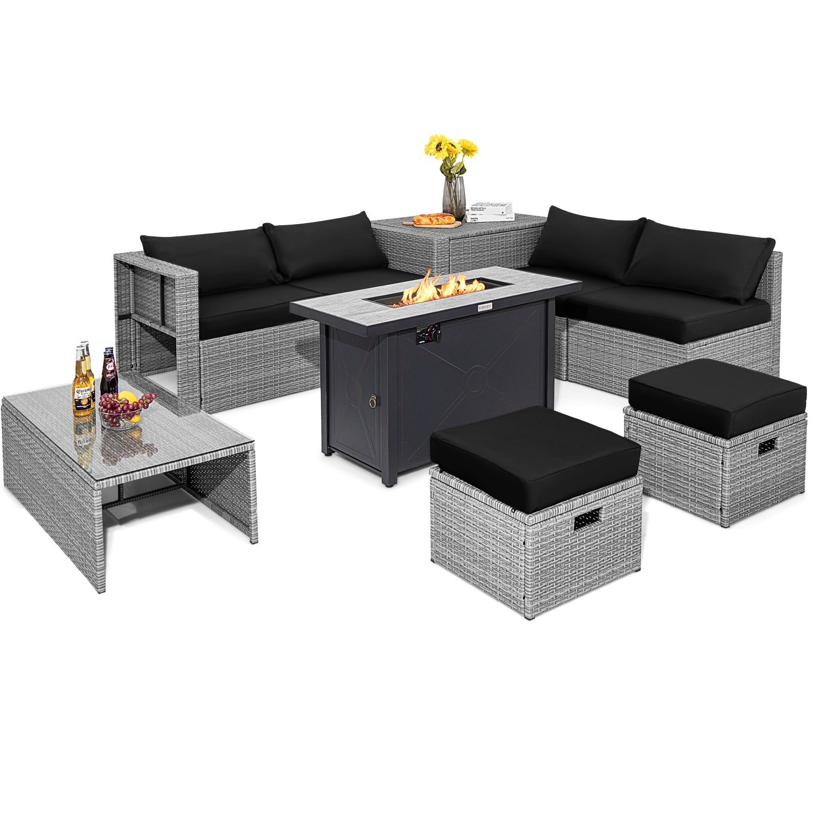 9 PCS Patio Rattan Furniture Set 42″ Fire Pit Table Cover Storage Box Black